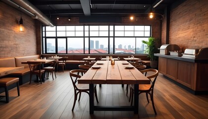 Lofty chill restaurant with wooden table and Depth of field , blurred background	
