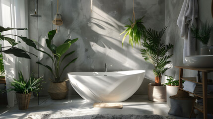 A spacious modern bathroom with large shadows cast on the wall by the plants, adding drama to the scene