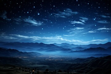 Electric blue sky filled with countless stars above a majestic mountain range - obrazy, fototapety, plakaty