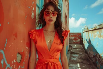 heart of a vibrant city, where the model effortlessly embodies the spirit of summer fashion amidst iconic urban landscapes.