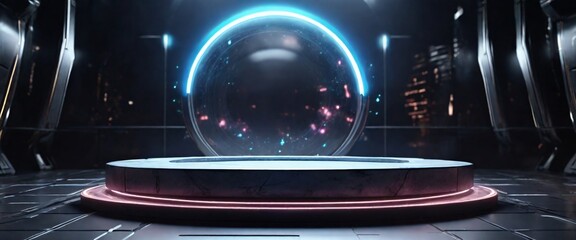 high quality, 8K Ultra HD, photo futuristic portal science fiction podium pedestal platform modern empty cyberpunk podium mockup space background, ultrarealistic, realistic photo, highly detailed