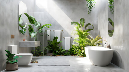 Refreshing contemporary bathroom seamlessly integrating with nature featuring vivid green plants and ample sunlight