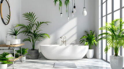 Stylish bathroom with freestanding white bathtub, tall windows, and tropical plants contributing to the modern home spa vibe