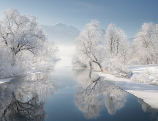 Raureif, Loisach, Kochel am See, Bayern, Deutschland
