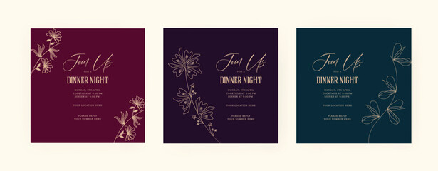 Set of dinner invitation post template with luxury. floral. gold. EPS vector illustration