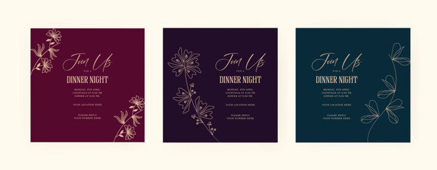 Fototapeta premium Set of dinner invitation post template with luxury. floral. gold. EPS vector illustration