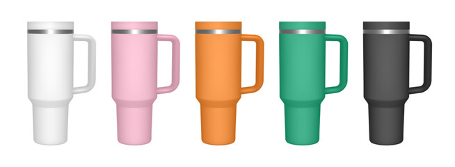 Thermo cup with handle. 3d mockup of a travel thermos. Set of white, pink, orange, green and black mugs. Tumbler template. Transparent lid	