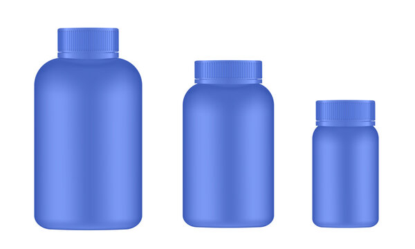 Set of big, medium and small medical pill bottles. Blue jar with lid. Plastic medicine container. 3d mockup of a packaging for pharmacy