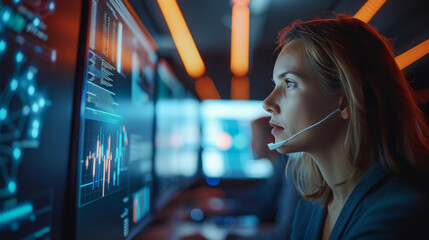 A concentrated female professional working with multiple computer monitors in a technology control room.