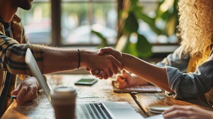 Close-up of two individuals engaging in a handshake over a wooden table, with blurred background...