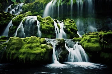 Fototapeten waterfall in the forest mossy rocks. © Shades3d