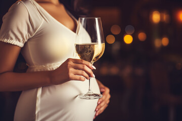 Close-up of a pregnant woman in a white dress holding a glass of white wine, sparking conversations about prenatal health.
