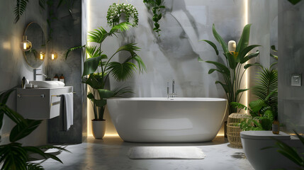 Luxurious modern bathroom with large bathtub surrounded by indoor tropical plants creating a calming space