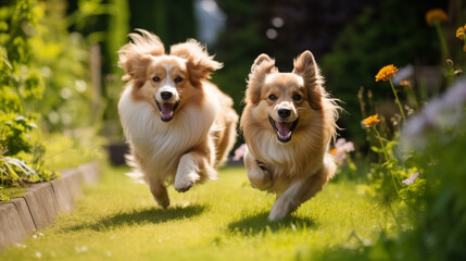 two small dogs running past flower beds in the garden