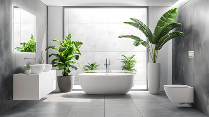 A minimalistic and elegant bathroom with sleek surfaces, a standalone bathtub, and vibrant plants creating a sense of luxury