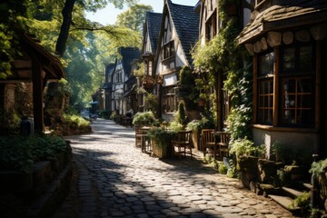 Fototapeta na wymiar A cobblestone street in a medieval village lined with houses and trees