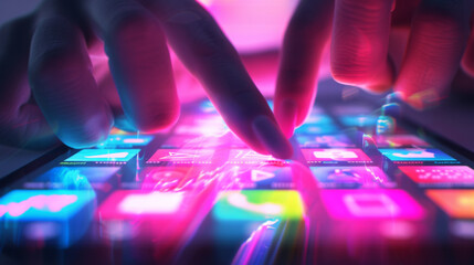 fingers are interacting with a futuristic, neon-lit, touch-sensitive interface with glowing digital icons and graphs