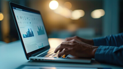 A person is typing on a laptop computer, possibly working on a project or writing an email. The laptop screen displays various graphs and charts