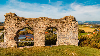 Autumn or indian summer view with ancient castle ruins near Winzer, Danube, Deggendorf, Bavaria,...