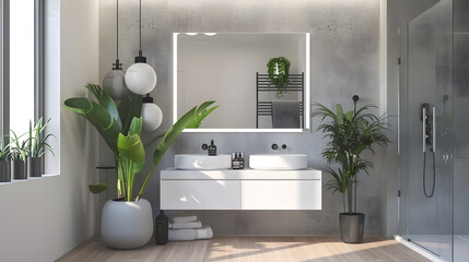 An elegant modern bathroom with double sinks, a large mirror, and plant decor enhancing the clean ambiance