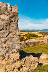 Autumn or indian summer view with ancient castle ruins near Winzer, Danube, Deggendorf, Bavaria, Germany