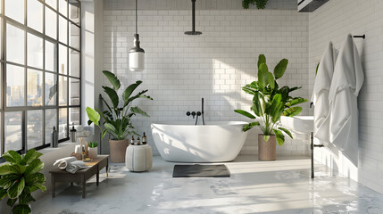 A luxurious bathroom setting featuring a freestanding tub and a natural fusion of white and green tones - obrazy, fototapety, plakaty
