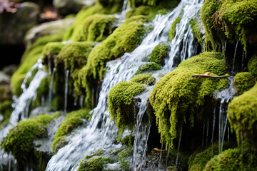 waterfall in the forest mossy rocks.