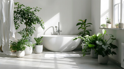 A serene bathroom setting that uses lush greenery for a peaceful, naturalistic ambiance, enhancing the modern white bath fixtures