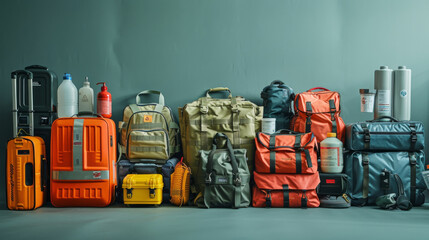 A diverse collection of emergency preparedness gear neatly arranged, including backpacks, bottles, and protective cases. - obrazy, fototapety, plakaty