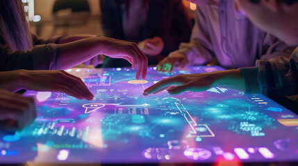 A group of people are playing a video game on a large screen. The game is colorful and has a futuristic theme. The players are using their fingers to interact with the game. The atmosphere is lively