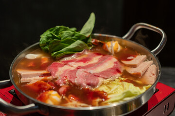 Korean hot pot, Ramyeon and Tteokbokki in Kimchi soup with vegetable and meat