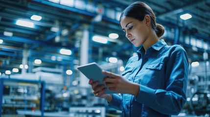 Woman in a blue work uniform is focused on a tablet she is holding, standing in an industrial setting with machinery and bright lights in the background.