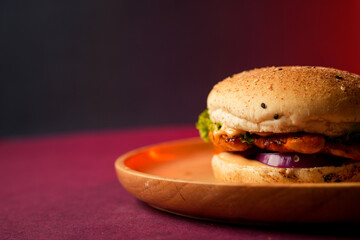 Burger served on a wooden plate, social media post, food photography, fine dining, purple...