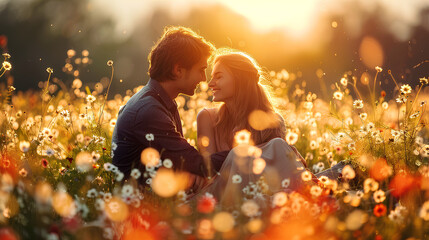 a romantic couple in love sits in an embrace on a spring meadow with flowers - obrazy, fototapety, plakaty