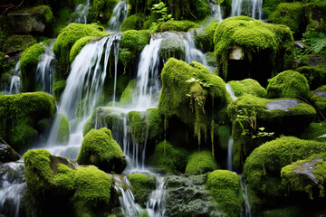 Fototapeta na wymiar waterfall in the forest mossy rocks.