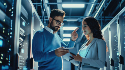 Male and a female IT professional in a data center, with the woman holding a tablet and the man observing, likely collaborating on a task.