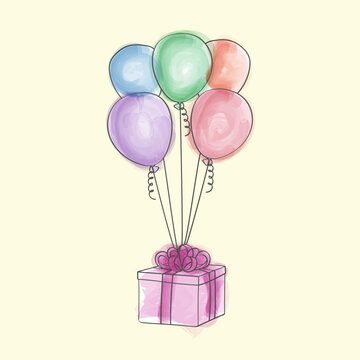 A hand-drawn illustration of a present wrapped with a bow, accompanied by colorful balloons floating above it. The image captures a festive and celebratory atmosphere