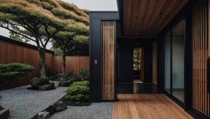 Minimalist main entrance door with black panel walls, timber wood lining, and a beautifully landscaped backyard, showcasing the exterior of a villa in Japanese style.