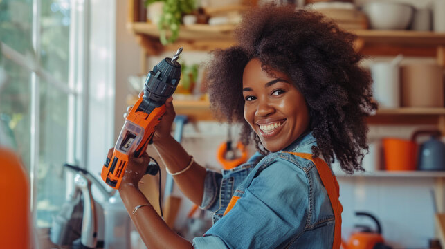 Cheerful woman holding a cordless drill, standing in a well-organized workshop filled with various tools.