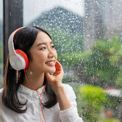 비오는 창밖을 바라보며 음악을 듣는 여성