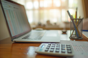 A laptop and calculator sit on a desk with a pencil holder. The laptop is open to a spreadsheet, and the calculator is on the desk next to it