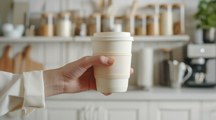 A person holding a white coffee cup with a white lid. The cup is made of plastic and has a design...