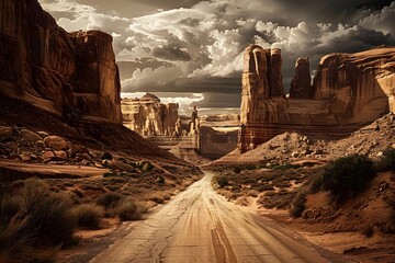 Late afternoon view of an old road through Arches National Park, Utah, showcasing towering...