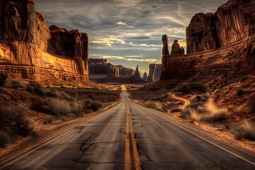 Sunset hues bathe Arches National Park's majestic cliffs and ancient roads in a serene glow,...