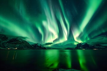 Stunning Aurora Borealis over Norway's Sea: A Wide-Angle, Low-Light Marvel of the Night Sky