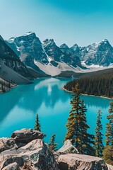 Moraine Lake's turquoise waters set against a backdrop of towering mountains and pine trees under a bright blue sky. - obrazy, fototapety, plakaty