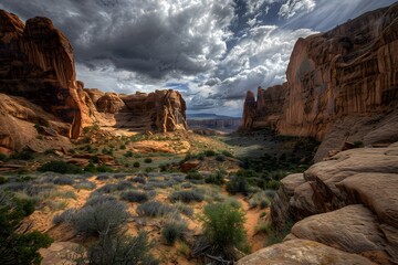 Fototapeta na wymiar Wide-angle capture of Arches National Park reveals towering canyons, desert trails, and lush shrubs under a vast, cloudy sky.