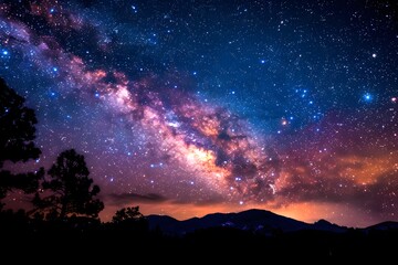 Fototapeta na wymiar Stunning Night Vista: Milky Way Galaxy Brilliance Over Mountain Silhouettes.