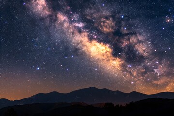 Stunning Milky Way panorama over silhouetted mountains, showcasing the galaxy's brilliance against the night's canvas. - obrazy, fototapety, plakaty