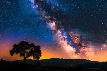 Captivating night sky showcasing the Milky Way, stars, and distant galaxies, framed by mountain or tree silhouettes.